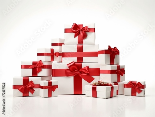Bunch of red and white gift boxes on the ground with isolated white background
