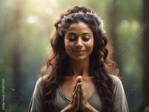 Woman doing yoga in the park early in the morning meditating in a peaceful environment. Generative AI