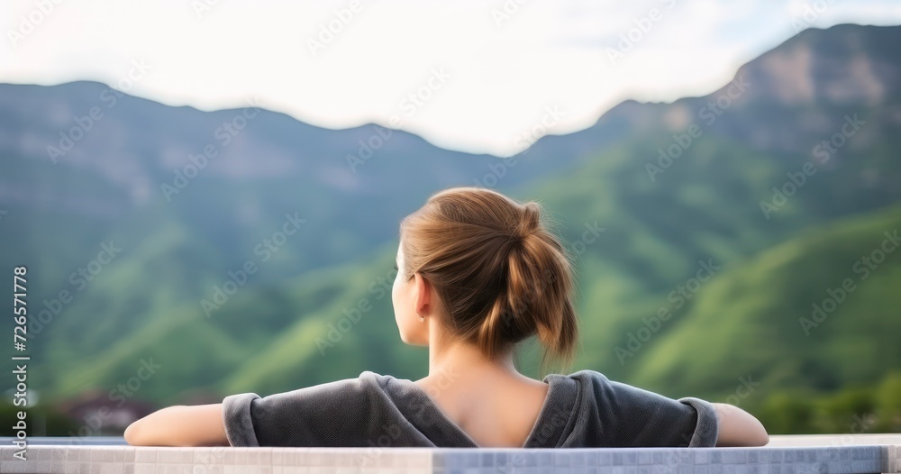 A Traveling Young Woman Unwinds in a Hot Tub, Embraced by the Splendor of Verdant Mountains
