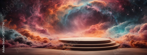 Podium within an abstract nebula, with swirling colors and cosmic elements, creating a mesmerizing and dreamy setting for a presentation.
