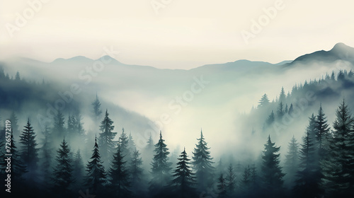 dark forest and mountains, foggy landscape Misty morning view in wet mountain area. Misty foggy mountain with green forest and copy space for your text. © Nenone