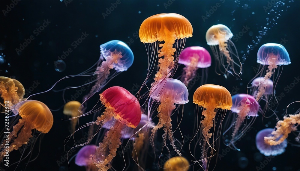 Fototapeta premium Jellyfish. Many colorful jellyfish underwater. Sea life. AI generated