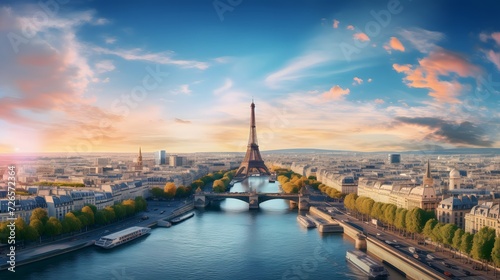 Paris aerial panorama with river Seine and Eiffel tower, France. Romantic summer holidays vacation destination. Panoramic view above historical Parisian buildings and landmarks with sunset sky