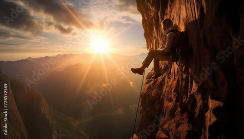 A hiker or a climber resting on a portaledge with a breathtaking view over the mountains