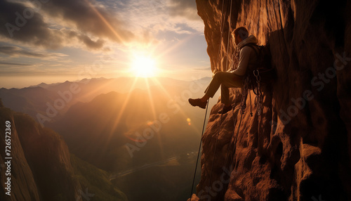 A hiker or a climber resting on a portaledge with a breathtaking view over the mountains photo