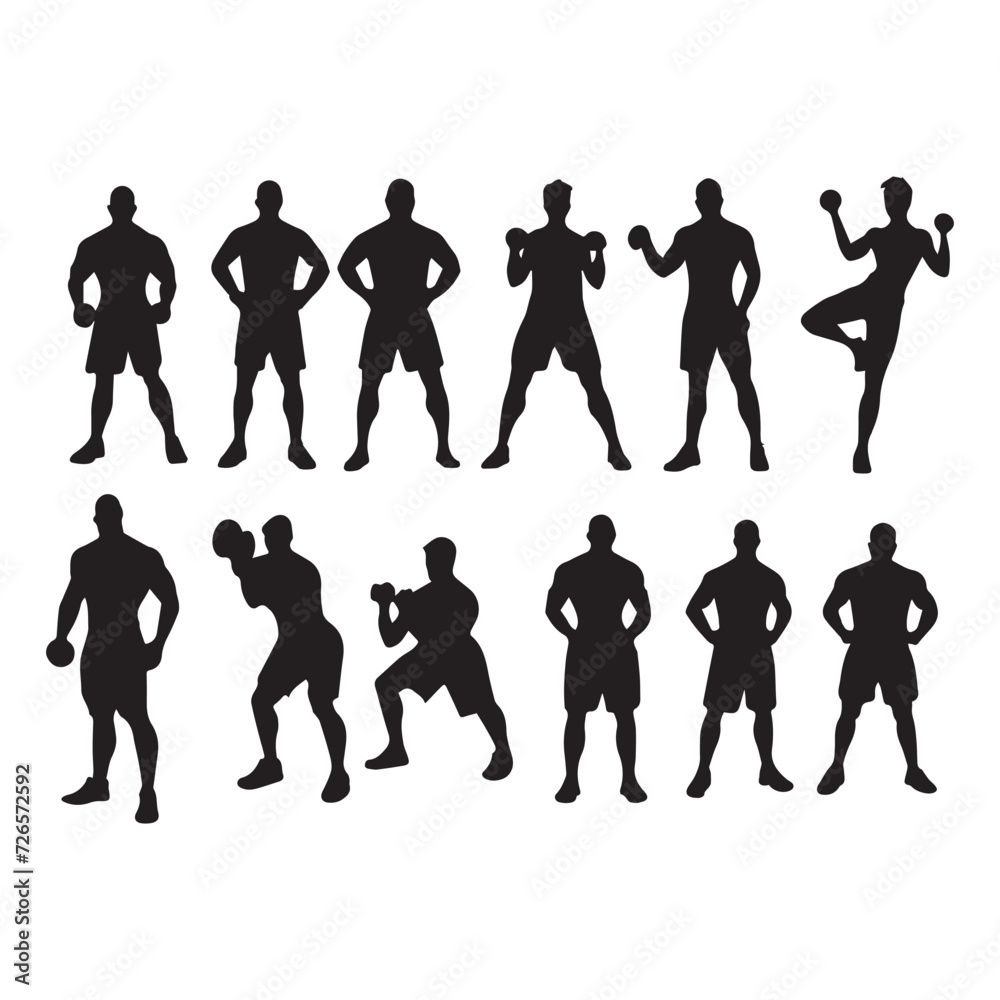 Vector silhouettes depicting various athletes engaged in dynamic workout routines, ideal for a sporty and motivational gym collection set