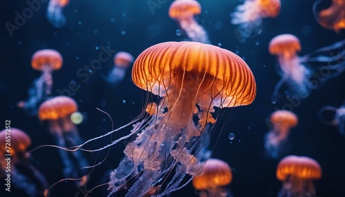 Jellyfish. A lot of colorful neon jellyfish underwater. Sea life. Selective focus. AI generated © Alex Puhovoy