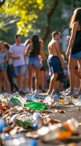Lots of trash left after a street party. People having fun at a street party while volunteers collect trash around them. Disrespectful and sensitive contrast concept.