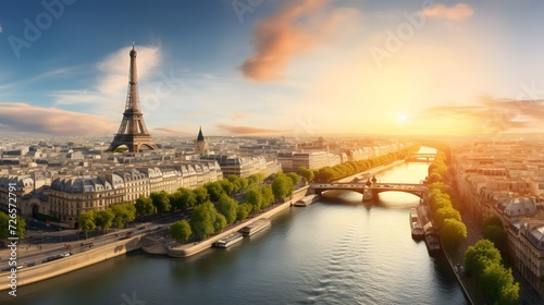 Paris aerial panorama with river Seine and Eiffel tower, France. Romantic summer holidays vacation destination. Panoramic view above historical Parisian buildings and landmarks with sunset sky photo