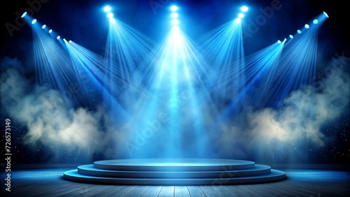 Illuminated stage with scenic lights and smoke. Blue vector spotlight with smoke volume light effect on black background.  photo