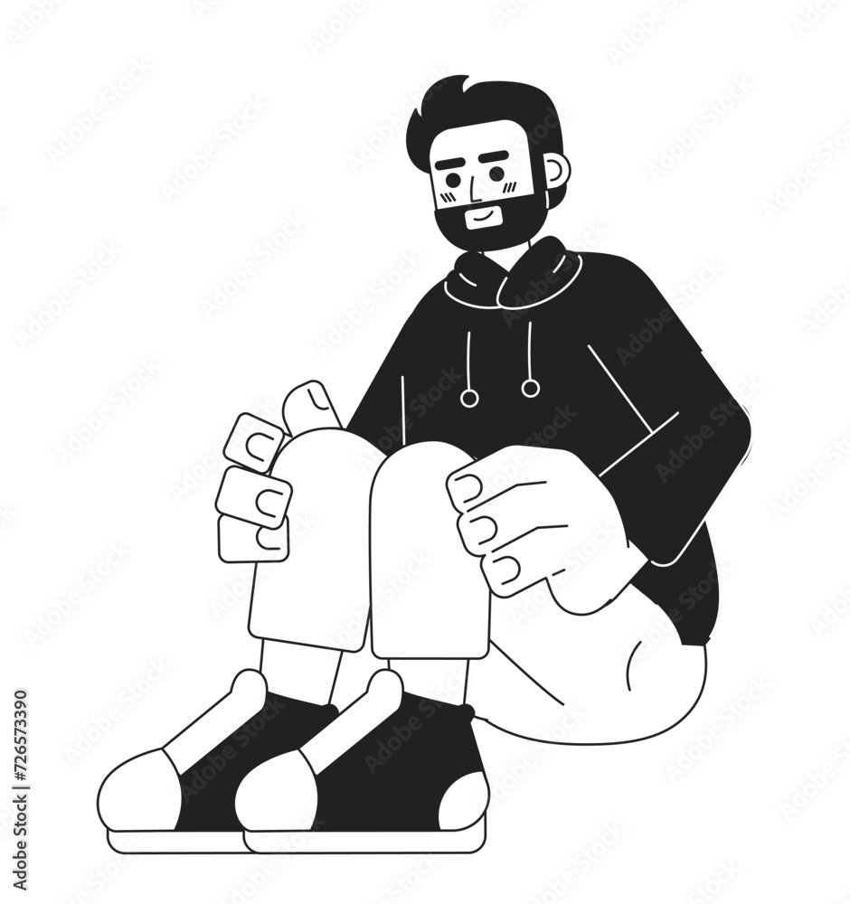 Sitting caucasian bearded man black and white 2D cartoon character. Casual outfit european guy isolated vector outline person. Leisure relaxed. Beard male smiling monochromatic flat spot illustration Sitting caucasian bearded man black and white 2D cartoon character. Casual outfit european guy isolated vector outline person. Leisure relaxed. Beard male smiling monochromatic flat spot illustration