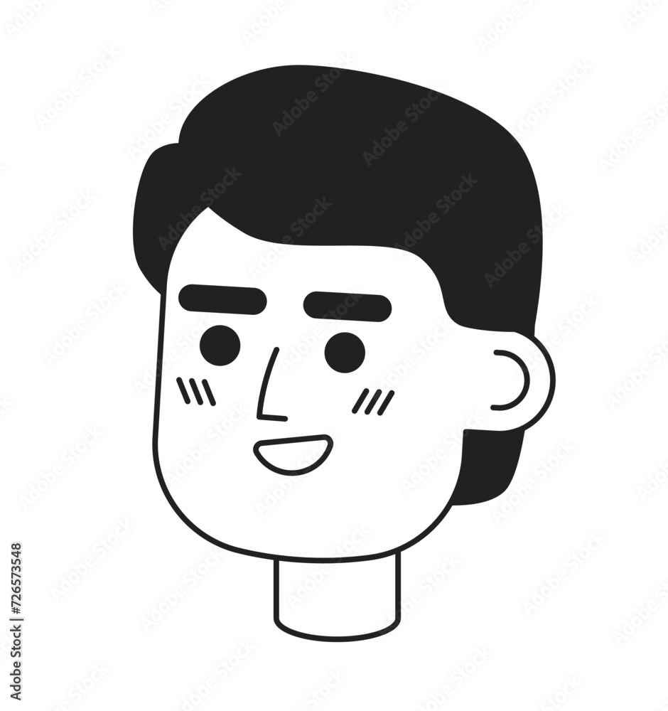 Latino young man beaming toothy black and white 2D vector avatar illustration. Hispanic ethnicity male outline cartoon character face isolated. Casual smiling flat user profile image, portrait Latino young man beaming toothy black and white 2D vector avatar illustration. Hispanic ethnicity male outline cartoon character face isolated. Casual smiling flat user profile image, portrait