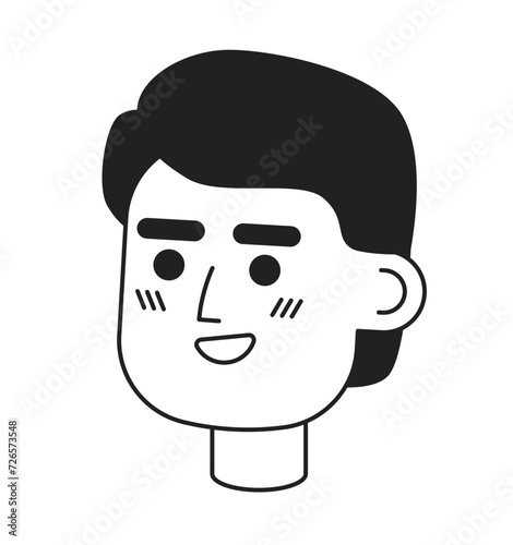 Latino young man beaming toothy black and white 2D vector avatar illustration. Hispanic ethnicity male outline cartoon character face isolated. Casual smiling flat user profile image, portrait