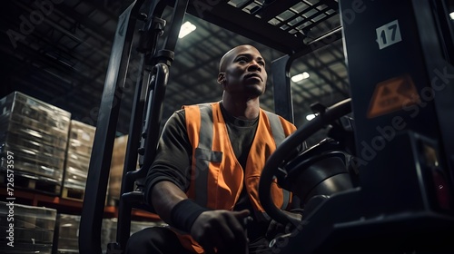 Black Man Operating A Forklift Inside A Warehouse
