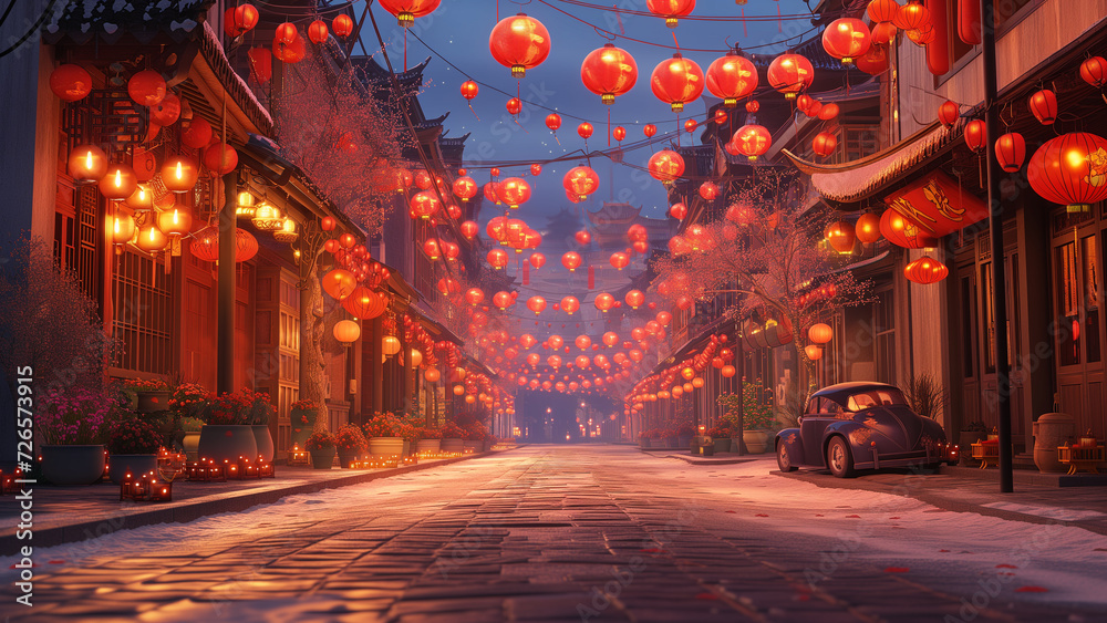 Obraz premium Cinematic Celebration: Chinese New Year’s Eve in the Street