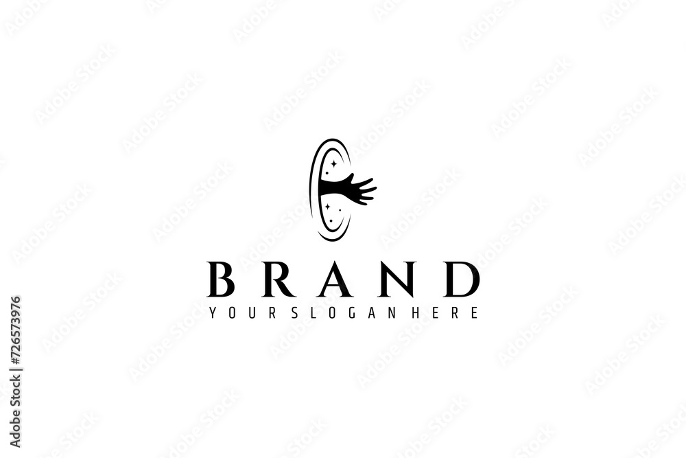 Obraz premium Vector logo with an abstract image of a portal to outer space with a hand reaching out.