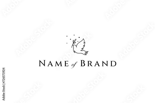 Flying peace dove with olive branch logo symbol.
