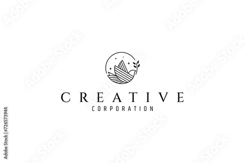 Flying peace dove with olive branch logo symbol in line art design style decorated with stars