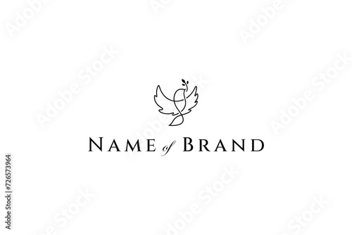 Flying peace dove with olive branch logo symbol in minimalist line art design style
