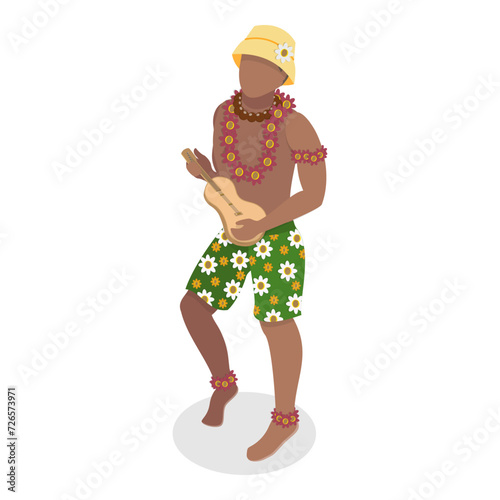 3D Isometric Flat Vector Set of Hawaiian Dancers, Characters in Polynesian Costume. Item 2