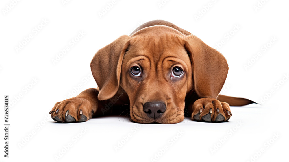 Sad looking dog isolated on white background