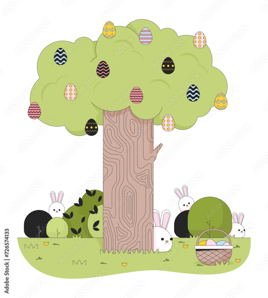 Easter bunnies tree springtime line cartoon flat illustration ...