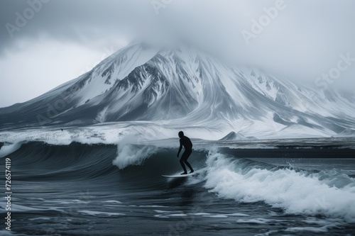 Surfer rive on wave in Alaska or Kamchatka  photo