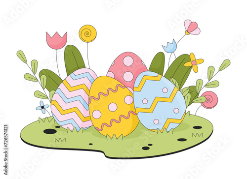 Hidden Easter eggs in grass flowers line cartoon flat illustration. April paschal tradition 2D lineart objects isolated on white background. Eastertide custom. Easter-egg hunt scene vector color image