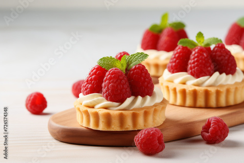 Vanilla tartlets with raspberries on light background