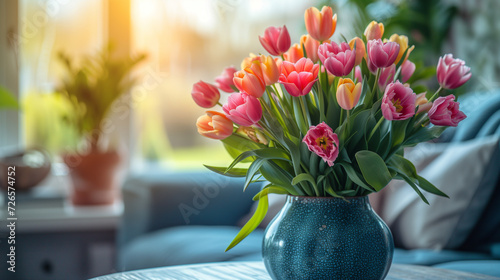 Colorful spring tulips in a blue vase, inside cozy living room. Composed with copy space.