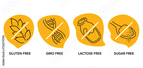 Lactose, Gluten, GMO, Sugar free organic icons