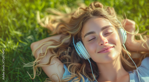 young woman lying on the grass listening to music with headphones © The Stock Photo Girl
