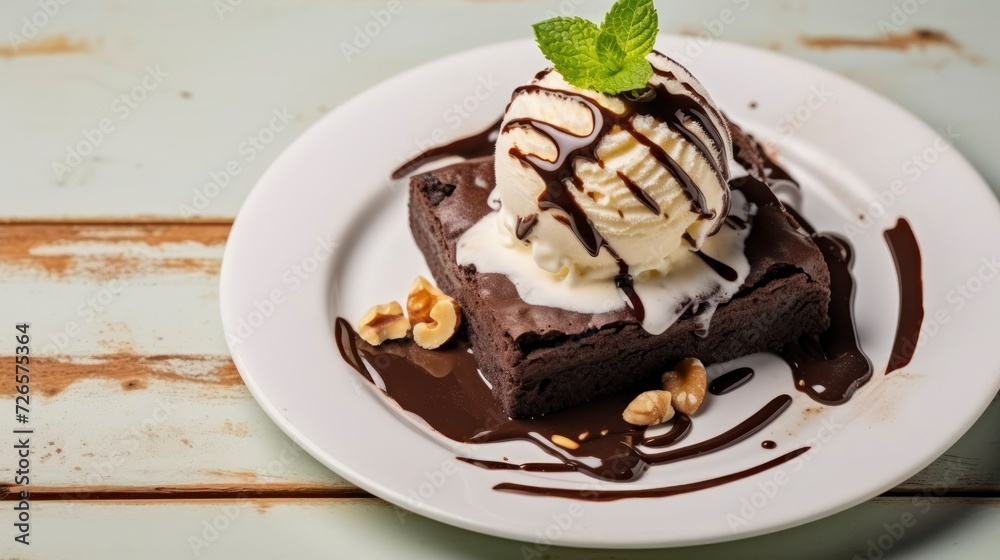 A Luscious Chocolate Brownie Accompanied by Vanilla Ice Cream, Nuts, and a Hint of Mint, Elegantly Served A Luscious Chocolate Brownie Accompanied by Vanilla Ice Cream, Nuts, and a Hint of Mint, Elegantly Served