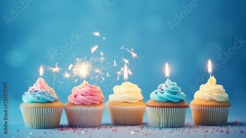 Close-up of delicious multicolored cupcakes with sparklers on a blue background with a copy space. Birthday, Holiday, Pastry shop, desserts concepts.