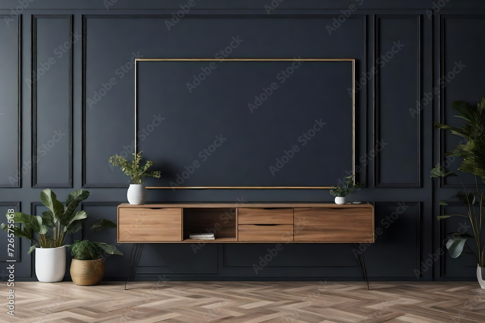 living room interior with hanging small wooden table kink with wall 