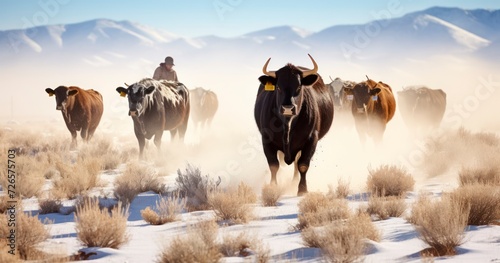 Cows and Cowboys Braving Chilly Winds and Snow Flurries on Their Way to Winter Feedlands photo