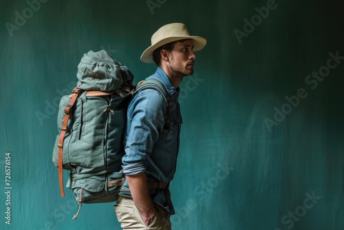 Active young traveler hiking with backpack on green background.