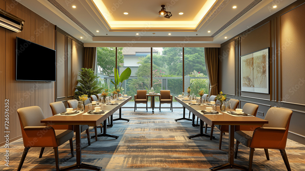 Fototapeta premium Compact hotel meeting room with tables setup on either side. 