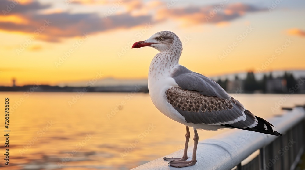 Fototapeta premium Seaside Serenity - Capturing the Graceful Pose of a Seagull on a Pier at Sunset
