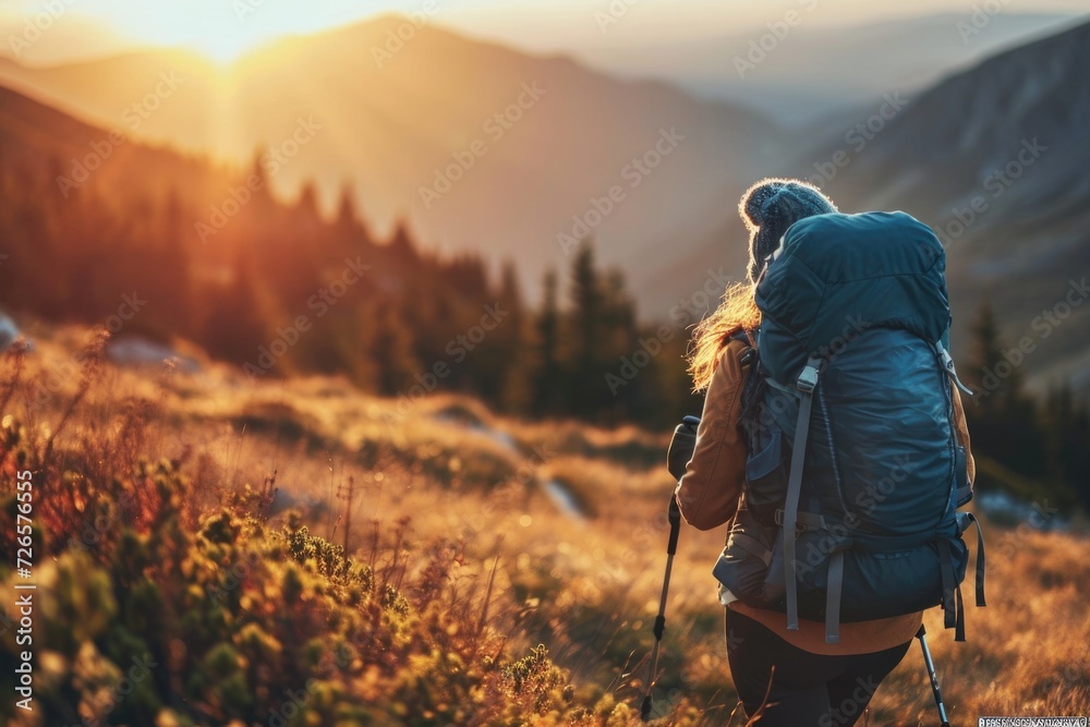 Hiker woman exploring mountains with backpack at sunset.