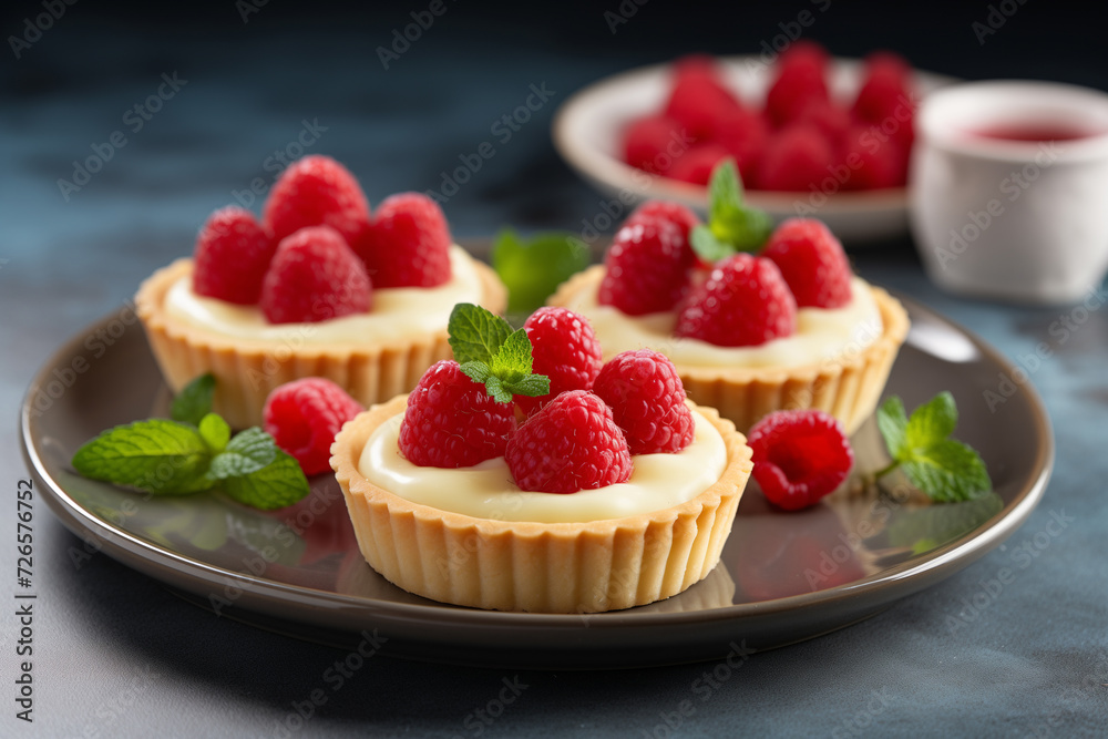 Vanilla tartlets with raspberries on light background Vanilla tartlets with raspberries on light background