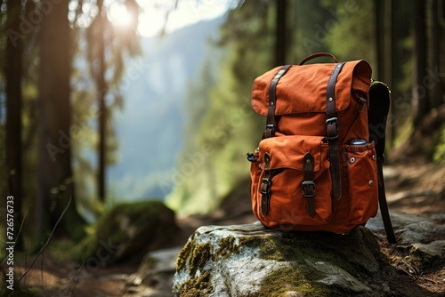 Front view of hipster orange backpack in forest