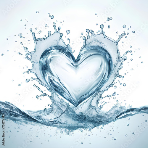 Clean water splash heart shape and splatters in water wave isolated on white background