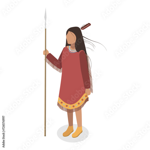 3D Isometric Flat Vector Set of Indigenous People, First Nation Characters in Traditional Clothing. Item 5