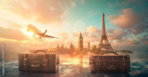 .travel concept with airplane, world famous landmark and luggage travel