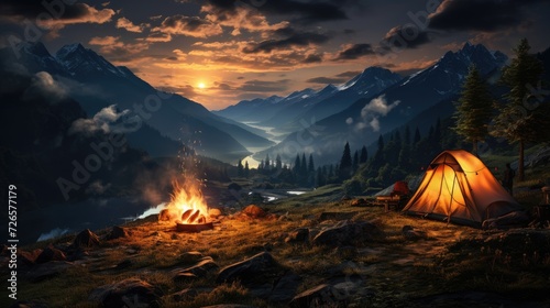 Camping in the mountains. A tourist tent next to the blazing flames of a fire.