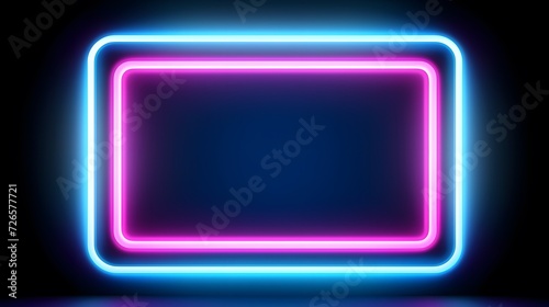 Vector 3d render, square glowing in the dark, pink blue neon light, illuminate frame design. Abstract cosmic vibrant color backdrop. Glowing neon light. Neon frame with rounded corners
