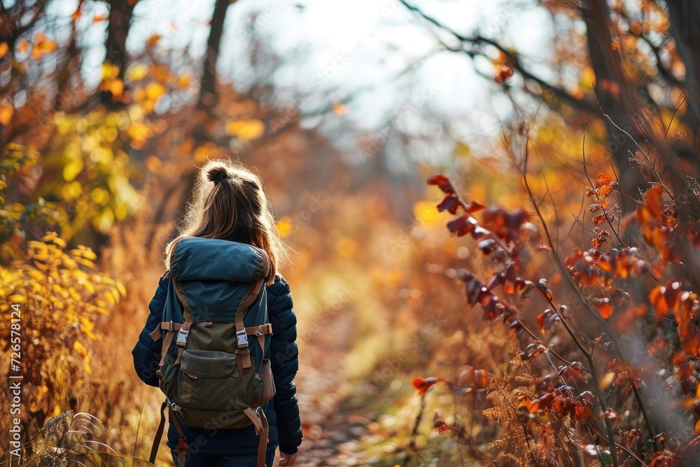 Autumn forest hike Solo woman backpacker outdoors. Autumn forest hike Solo woman backpacker outdoors.