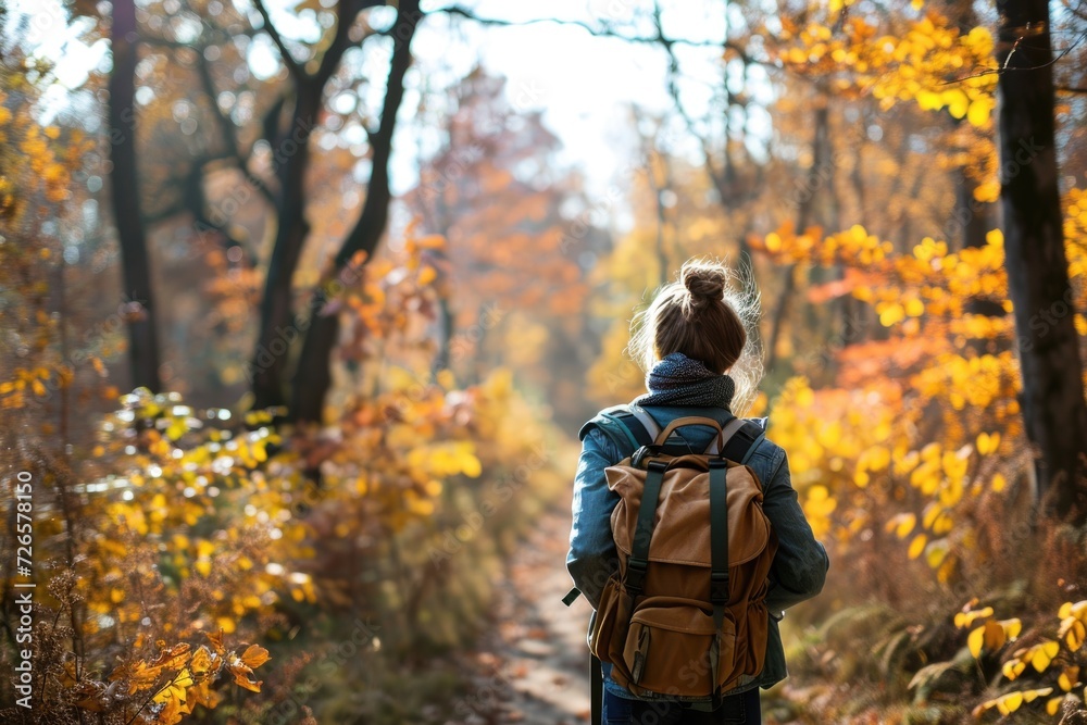 Fototapeta premium Autumn forest hike Solo woman backpacker outdoors.