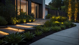 Modern gardening and landscaping details with a focus on an illuminated pathway in front of a residential house, designed to showcase the architectural brilliance and lush greenery.